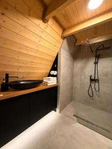 a bathroom with a sink and a shower at Lune Dunakanyar in Esztergom +28 photos