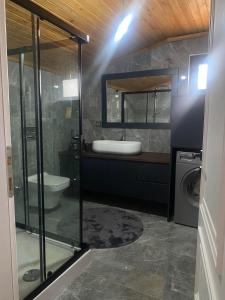 a bathroom with a sink and a washing machine at Çambaşı Villa Bella in Ordu +56 photos