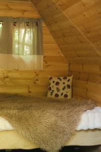 a bed in a wooden room with a window and a rug at Cabane Mushroom in Vouillé