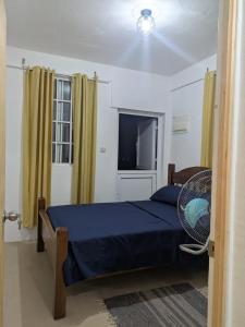 a bedroom with a blue bed and a television at New Beginnings in Salisbury
