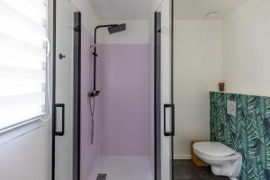 a bathroom with a shower and a toilet at Le Container de Jeff - Maison bois, grand jardin in Uzel