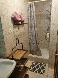a bathroom with a shower and a sink and a tub at Ferienhaus Burgblick in Treffen +50 photos