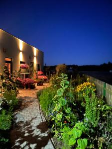 a garden with flowers and plants at night at Zielona Przystań in Boruja