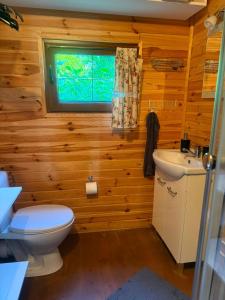 a bathroom with a toilet and a sink and a window at Cottage with access to the lake in Tarnów Jezierny