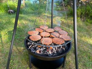 a grill with hamburgers and other food on it at opplevelses hytta badestamp ridning osv in Skien