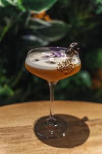 a cocktail in a glass on a wooden table at Sloh Hotel & Bar Manila Medellin in Medellín +19 photos