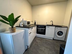 a kitchen with a sink and a microwave at Le Cocon Bohème, appartement chaleureux in Sarrebourg +9 photos
