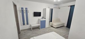 a room with a mirror and a chair and a television at Casa Elizé in Schitul