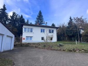 a white house with a driveway in front of it at Moderne Ferienwohnung Am Goldberg in Neuleiningen