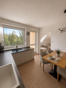 a kitchen and living room with a large window at Veľký rodinný apartmán s výhľadom na zeleň a hory v centre Piešťan s parkovaním in Piešťany