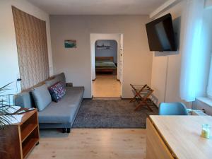 a living room with a couch and a television at Moderne Ferienwohnung Am Goldberg in Neuleiningen