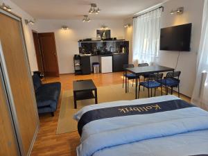 a living room with a bed and a dining room at Apartmán Horský park in Bratislava