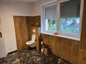 a bathroom with a toilet and a window at Apartmán Horský park in Bratislava