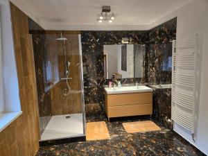 a bathroom with a shower and a sink at Apartmán Horský park in Bratislava