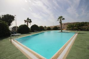 une grande piscine avec des palmiers et un bâtiment dans l'établissement Apartment El Medano Sunrises, à El Médano 6 autres photos