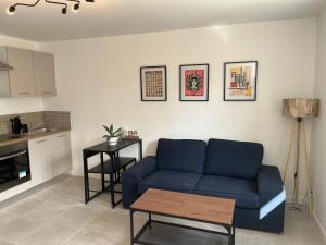 a living room with a blue couch and a table at Le studio signature in Vedène