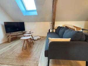 a living room with a blue couch and a tv at Le Nid - Pause en Berry in Vignoux-sur-Barangeon