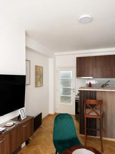 a living room with a green chair and a kitchen at Apartment Melina in Plužine
