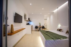 a bedroom with a bed and a tv on the wall at Stilvi Mykonos in Ornos