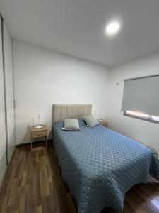 a bedroom with a bed with a blue comforter at MyN 2 in La Plata