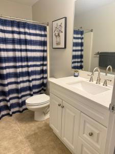 a bathroom with a sink and a toilet and a mirror at Seras Home At Vero Beach in Vero Beach