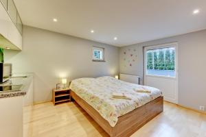 a bedroom with a bed and a window at Villa Arkodes in Gdańsk