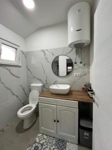 a bathroom with a toilet and a sink and a mirror at Villa Noor Visoko in Visoko +28 photos