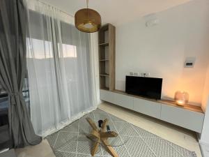 a living room with a tv and a large window at Adagio Studio Bar in Bar