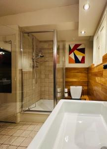 a bathroom with a tub and a shower and a toilet at Historic Centre Studio, St-André & Bastille view! in Grenoble