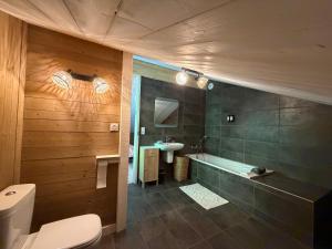 a bathroom with a toilet and a tub and a sink at Chalet du paradis in La Bresse