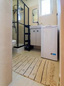 a bathroom with a shower and a rug at Velebit House in Baške Oštarije +44 photos