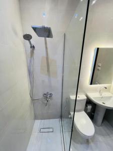 a bathroom with a shower and a toilet and a sink at Neat & Modern Studio 2Mins Pyramids - Royal desert Inn in Cairo +45 photos