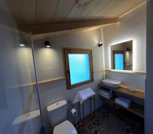 a bathroom with a toilet and a sink and a mirror at Le Bâti in Servoz