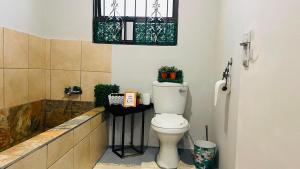 a bathroom with a toilet and a window with plants at 52Golfcourseview guest house in Pimville