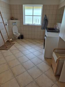 a tiled bathroom with a toilet and a sink at Fredfyldt skovbolig med udespa in Rødding +14 photos