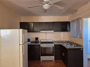 a kitchen with black cabinets and a white refrigerator at Bugambilias Condo D with Pool and Beach Access - Rancho Bugambilias in San Felipe