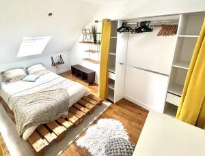 a bedroom with a bed and a closet at Le petit nid rouennais in Rouen