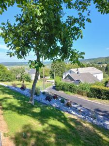 a yard with a tree and a house at Gîte Chalet Bellevue in Couvin