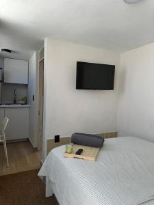 a bedroom with a bed with a flat screen tv on the wall at Casa Elisa - Expiatorio in Guadalajara