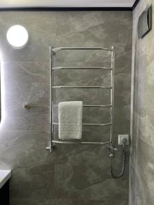 a bathroom with a shower with a towel at Sviy home in Slavske
