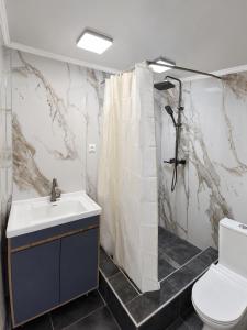 a bathroom with a sink and a shower and a toilet at Valentina`s Guesthouse in Korumdy
