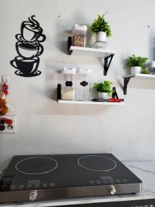 a kitchen with a stove and shelves on the wall at Acogedor estudio cerca del aeropuerto in Tijuana
