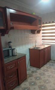 a kitchen with a sink and a counter top at Monarch Appartement in Oshogbo