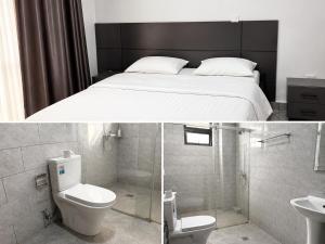 two pictures of a bathroom with a bed and a toilet at Kigali Clever stay Villaa in Kigali +44 photos