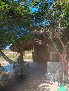 a hut with a picnic table in front of it at Hostel Rústico in Barreirinhas