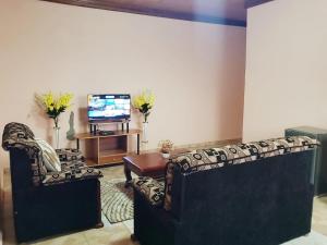 a living room with two chairs and a television at M & S Multipurpose Center in Yaoundé +7 photos