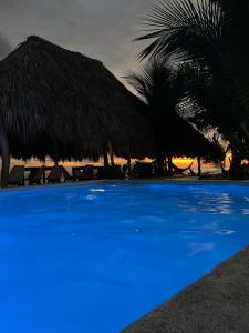 a blue pool with a thatched umbrella and palm trees at Punta El Zonte in El Zonte