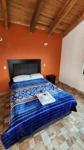 a bedroom with a bed with a blue comforter at Cabaña Refugio del Silencio Ixmiquilpan in Ixmiquilpan