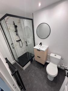 a bathroom with a shower and a toilet and a sink at Michèle Home in Orly