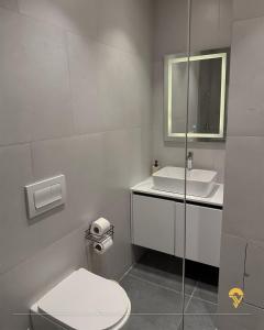 a bathroom with a toilet and a sink at Tian Vista Apartment in Prishtinë +8 photos